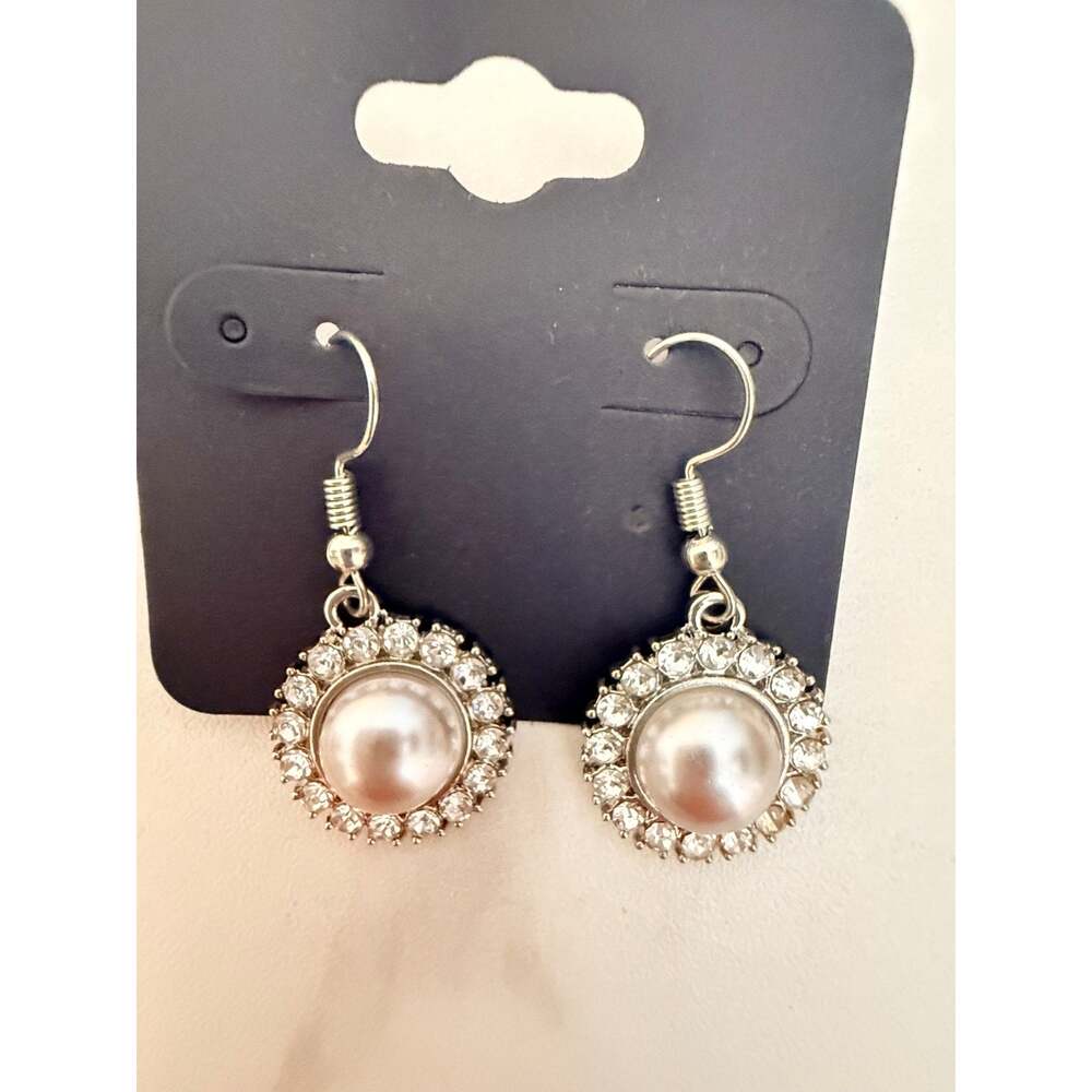 Silver Tone Faux Pearl Rhinestone Halo Hook Dangle Earrings